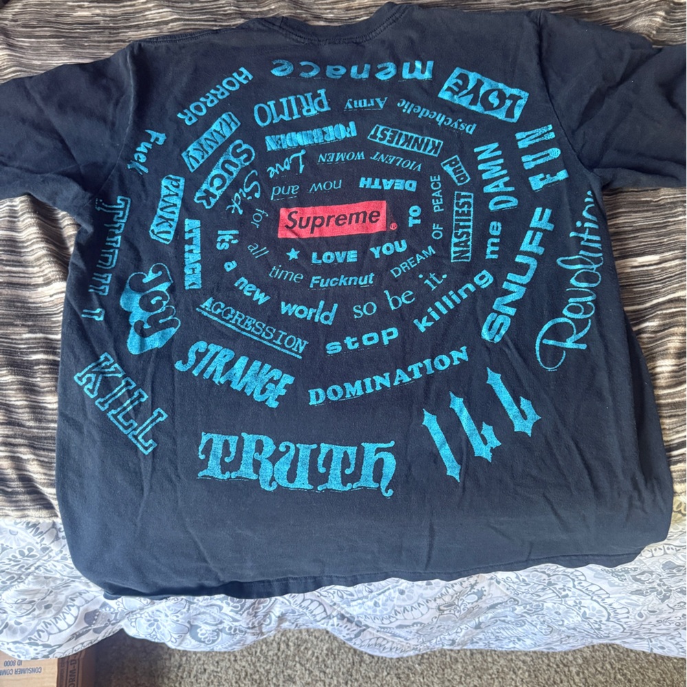 Supreme Black Tee with Blue Graphic Text